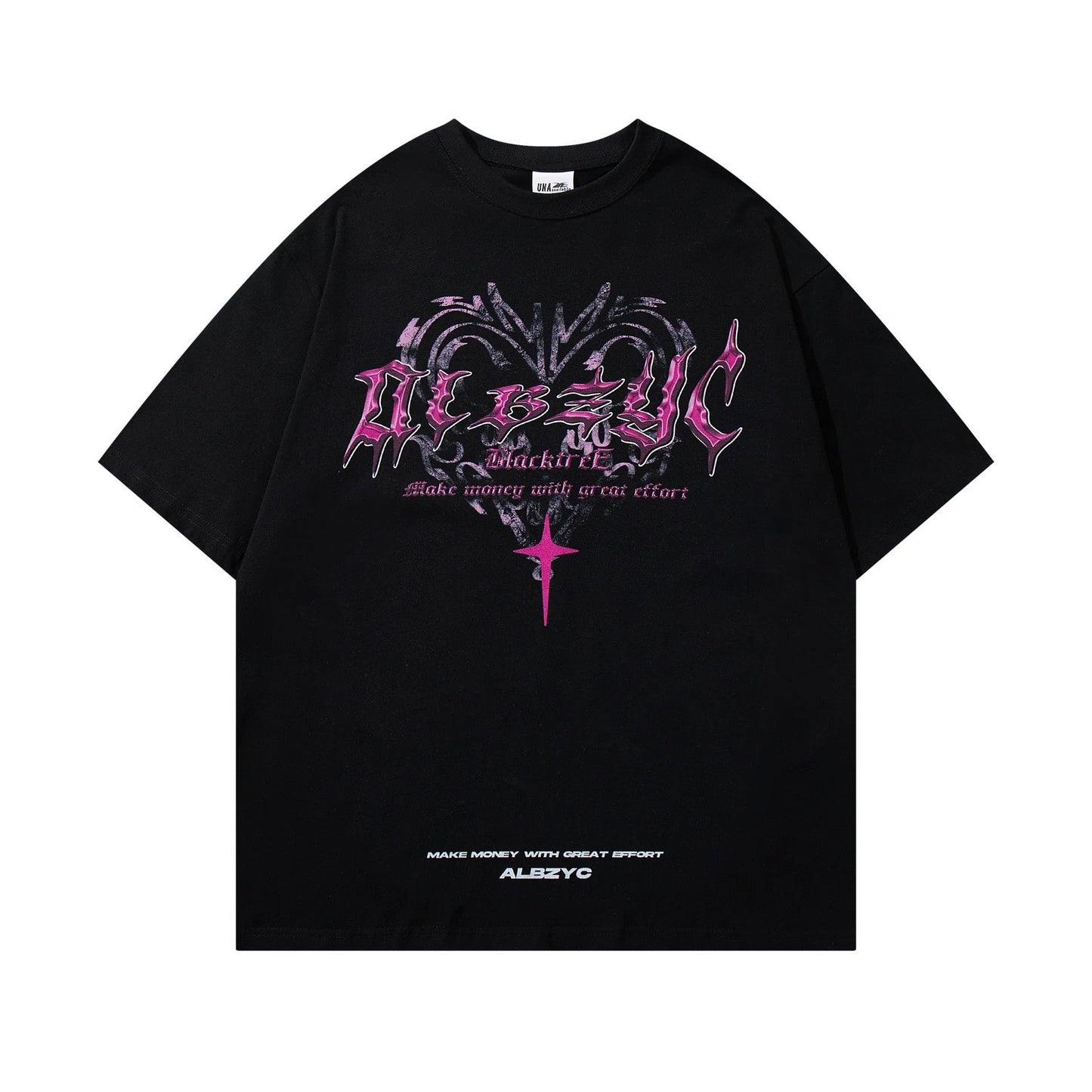 Men's loose fit black cotton t-shirt with a fashion print, short sleeves, and round neck.