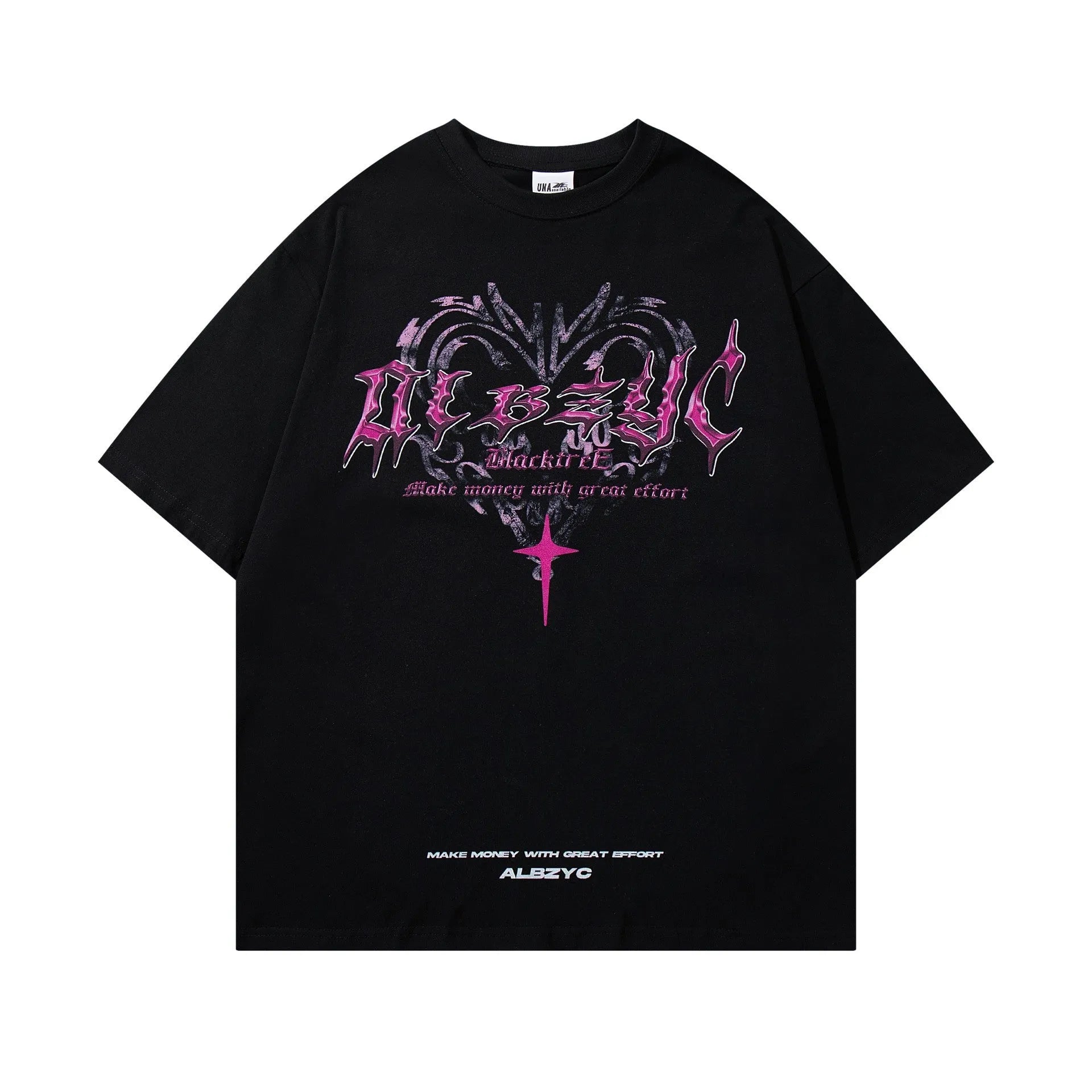Men's loose fit black cotton t-shirt with a fashion print, short sleeves, and round neck.
