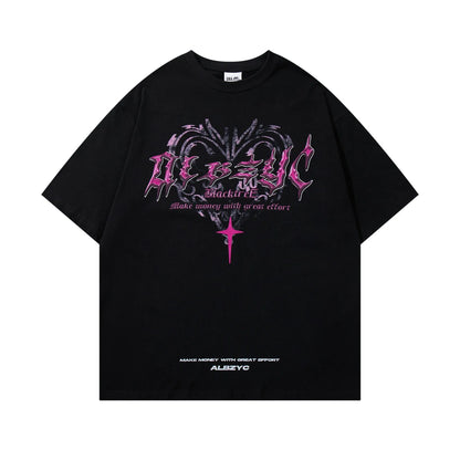 Men's loose fit black cotton t-shirt with a fashion print, short sleeves, and round neck.