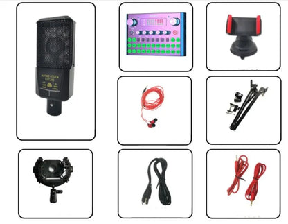 F007plus USB sound card and condenser microphone for live broadcast, shown with bracket.