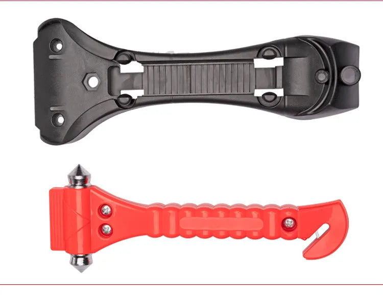 Red two-in-one car safety hammer with seatbelt cutter and window breaker on a white background.