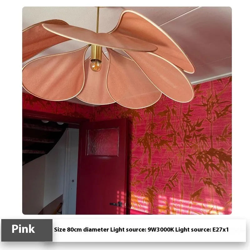 A cloth-craft hanging lamp in log wind Bohemian style, showing fabric texture and soft light diffusion.