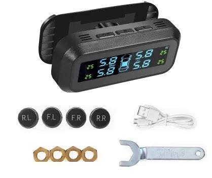 Solar wireless car tyre pressure monitoring system with colour screen display and four external sensors.