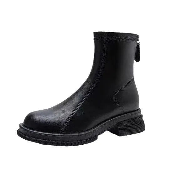 Women's black flat heel ankle boots with back zipper and round toe