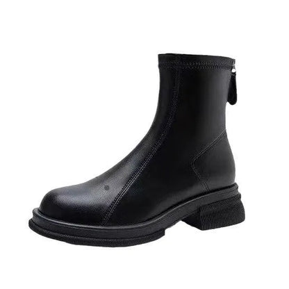 Women's black flat heel ankle boots with back zipper and round toe