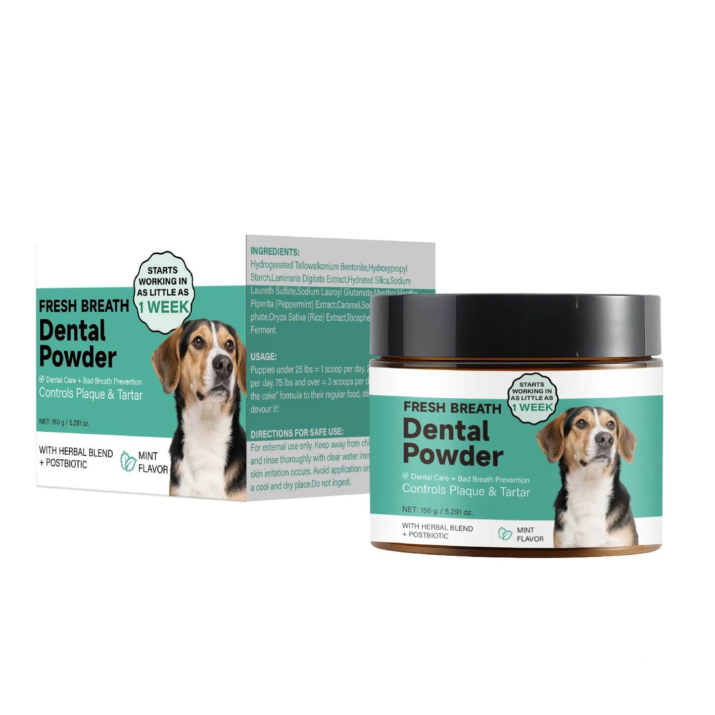 Dog Breath Tooth Cleaning Powder 150g container with natural enzyme formula for plaque reduction