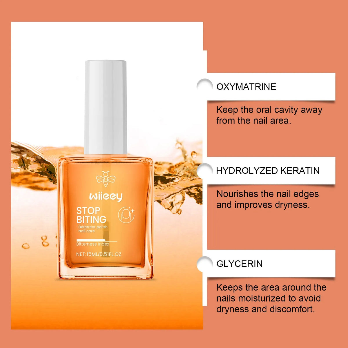 15ml glass and plastic bottle of bitter anti-bite nail water for children