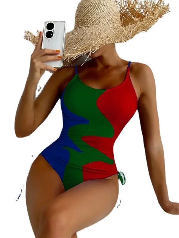 Women's sleeveless one-piece swimsuit in a striped print, shown in blue colour.