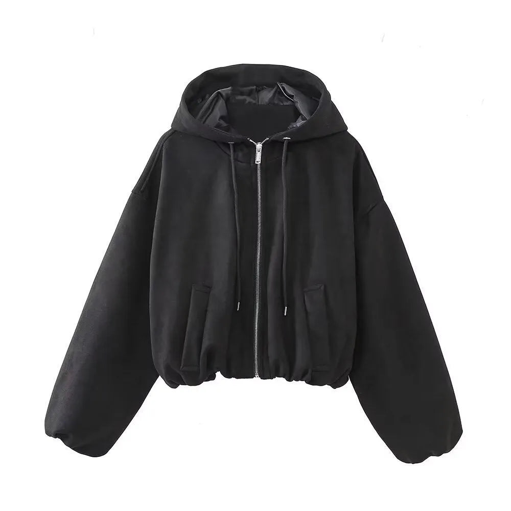 Women's casual hooded suede jacket in black colour on a hanger.