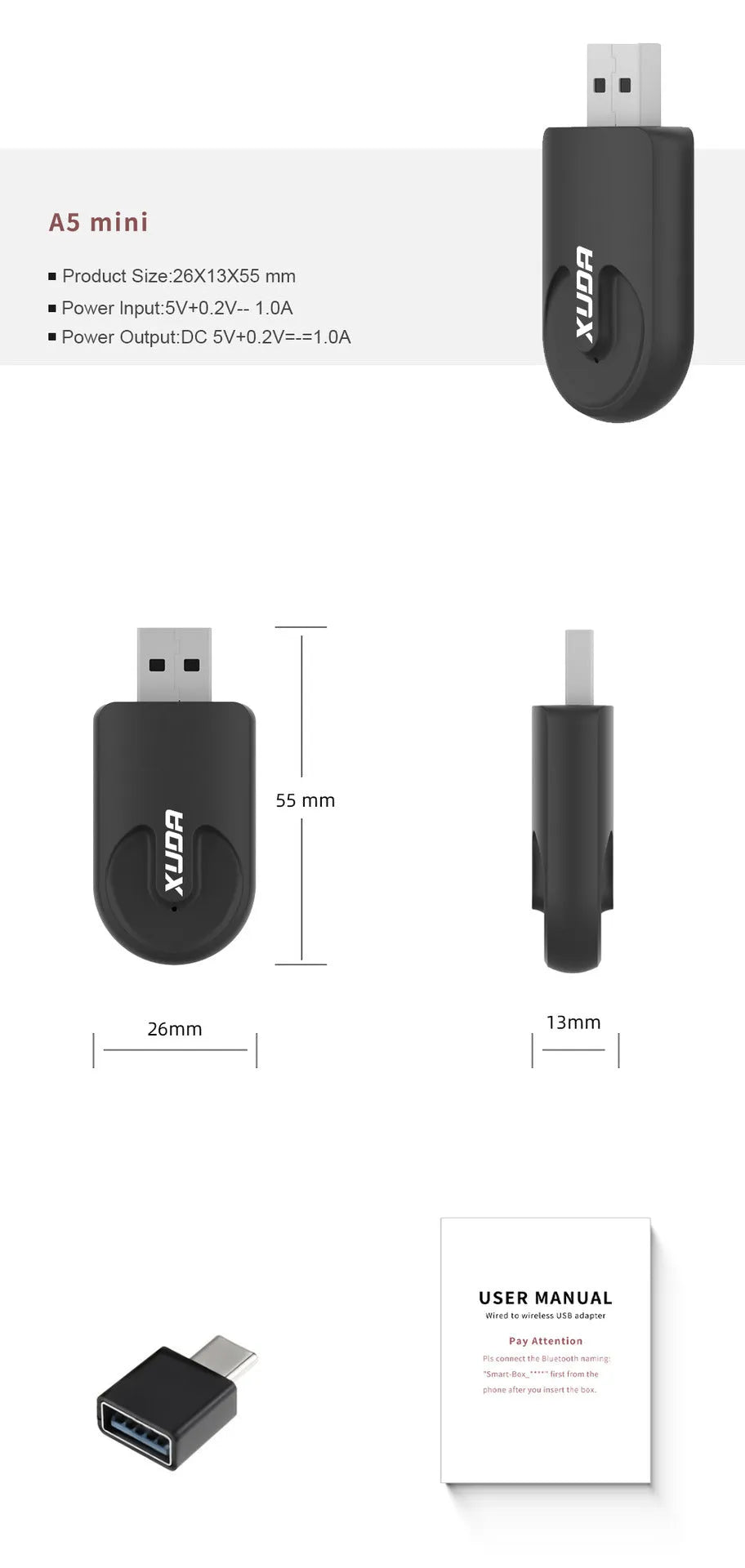 Black CarPlay USB wireless adapter showing compact design with USB connection interface