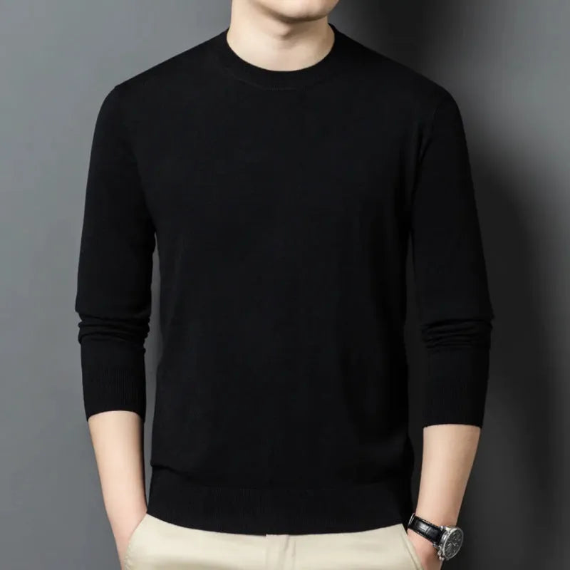 Men's round neck long sleeve pullover sweater in a Mulberry Silk and Wool blend for winter.