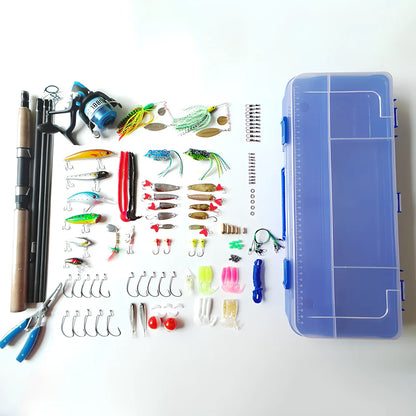 Portable fishing lure box set measuring 46cm with rod, vessel, and 125 fishing accessories organised in compartments