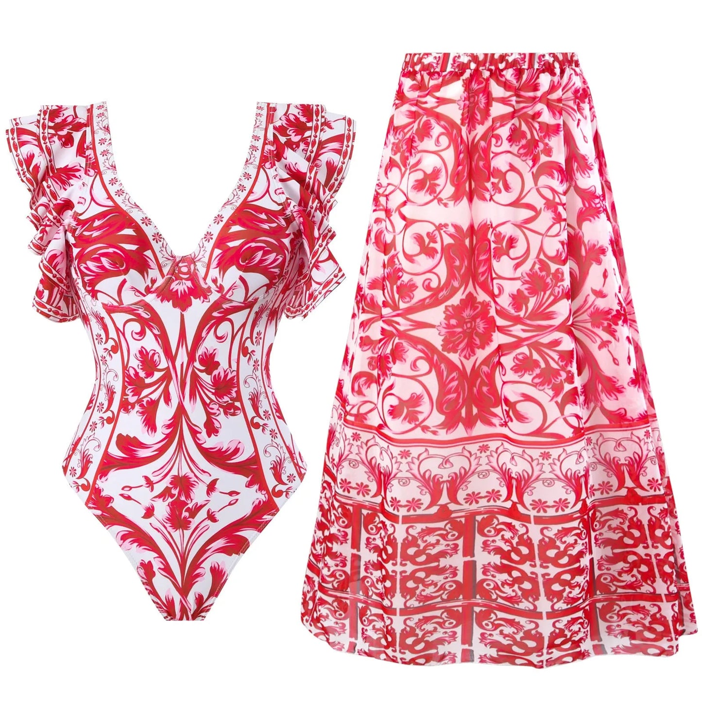 Women's printed one-piece swimsuit in rose pink on a mannequin.