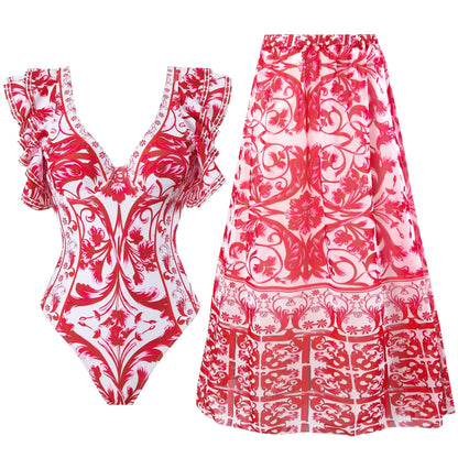 Women's printed one-piece swimsuit in rose pink on a mannequin.