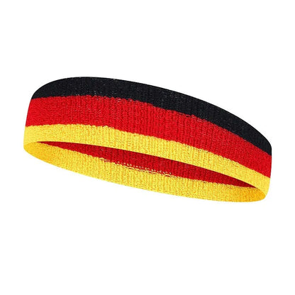 Colour-block sports headband for adults shown in a multi-colour design, suitable for running and yoga.