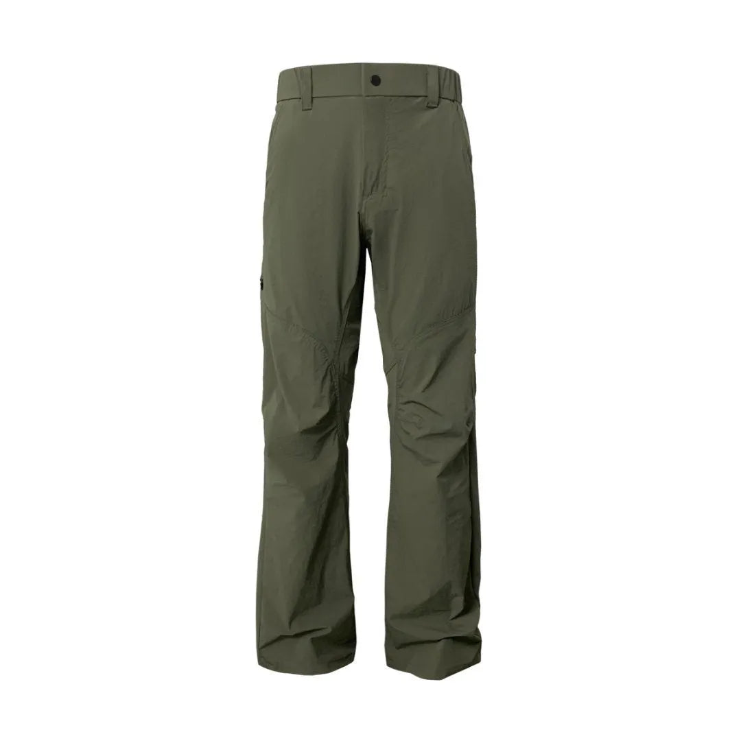 Men's straight leg casual trousers in army green with a mid waist and elasticated back.