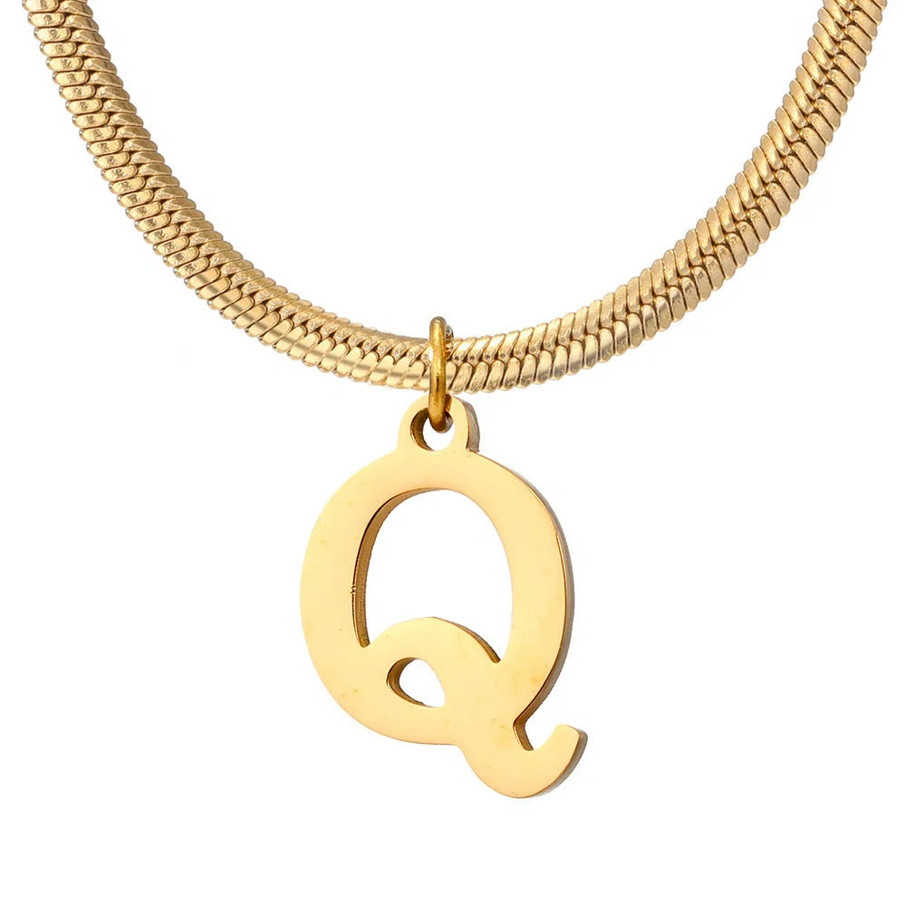 Elegant gold A-Z letter pendant necklace on a snake chain