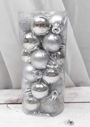 3cm diameter electroplated Christmas baubles in various metallic colours including gold, red and silver