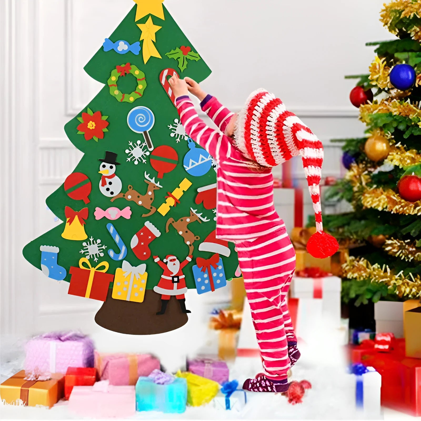DIY felt Christmas ornaments showing 9 colour sections on 110cm wide material with 18-piece design kits