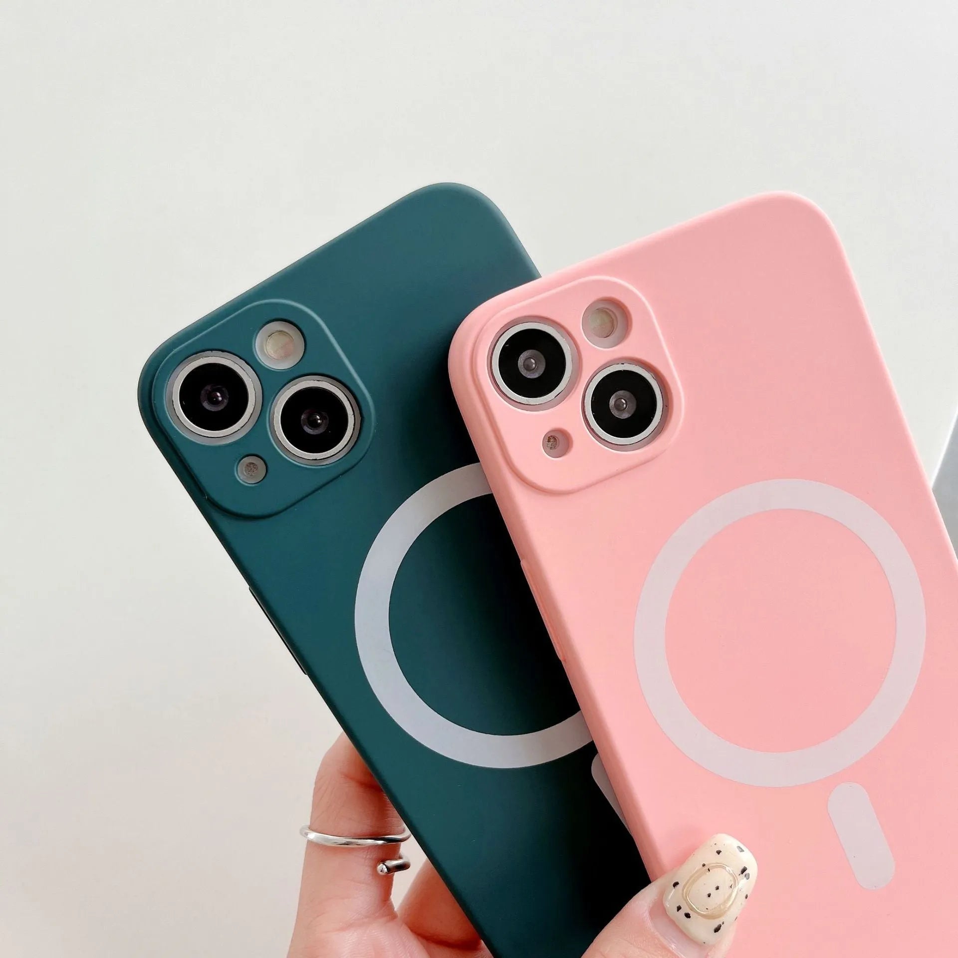 Magnetic TPU back cover case for iPhone in multiple colours, showing MagSafe charging ring.