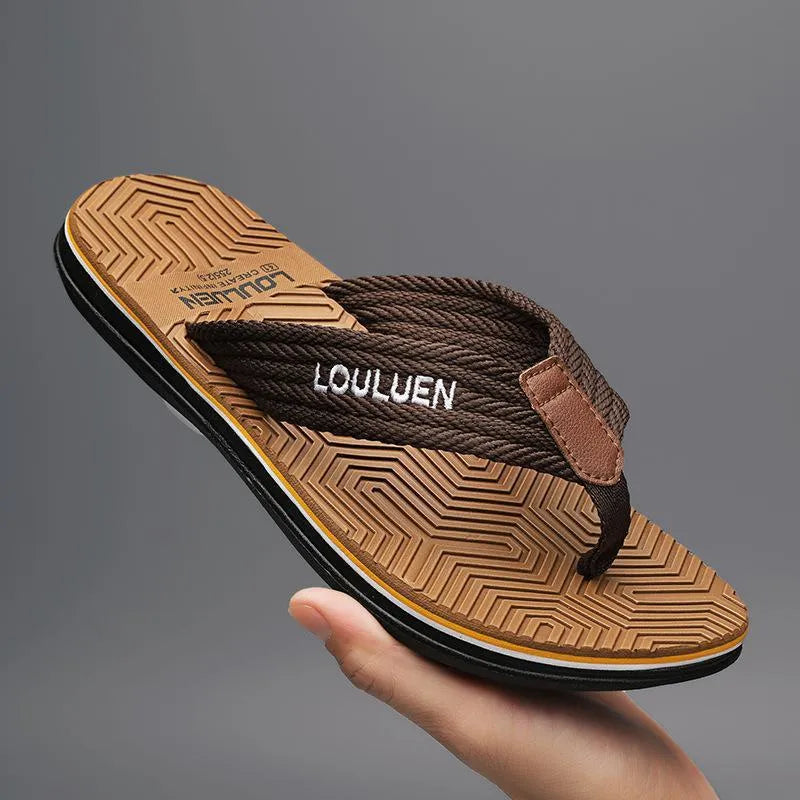 Men's black flip flops with a PVC sole and EVA upper on a plain background.