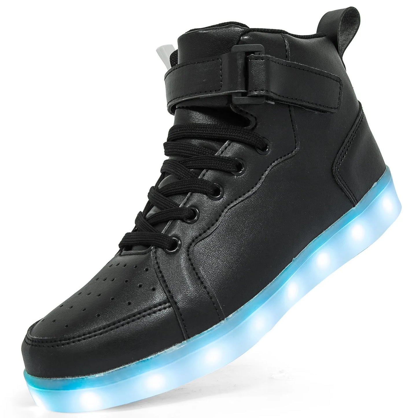 LED light-up high-top board shoes with velcro fastening in black, gold and white colours