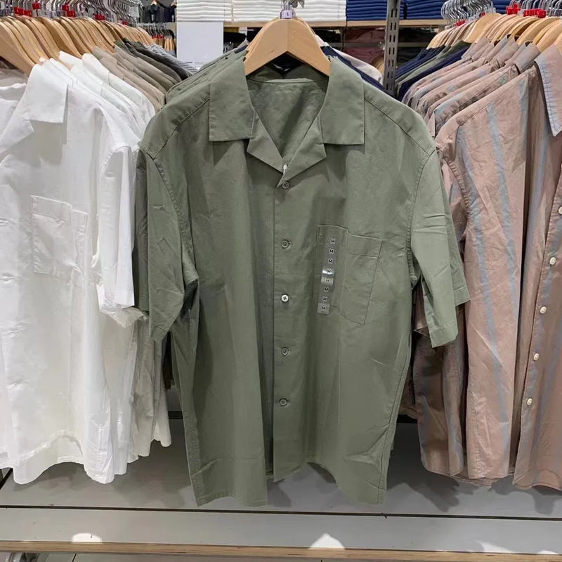 Men's open collar shirt with modal cotton blended fabric in Japanese Korean casual cardigan style, featuring regular sleeves and collage stitching craftsmanship, available in S M L XL sizes with beige olive white black colour options