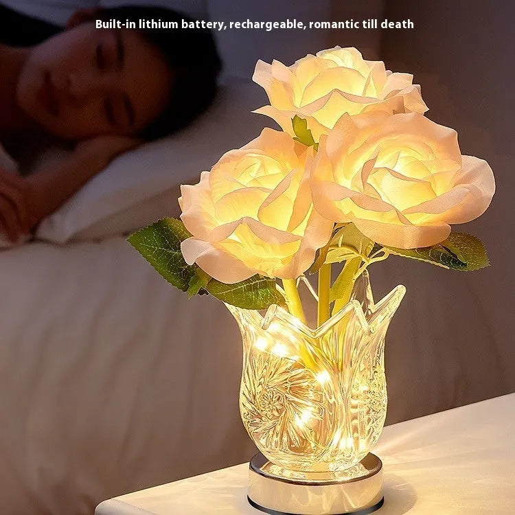 Modern crystal flowers design rechargeable touch dimming table lamp on a wooden surface.