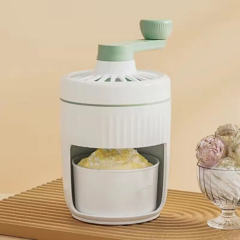 Green hand-cranked ice shaving machine with detachable ice box for making snow cones