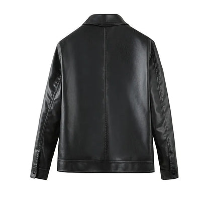 Men's black PU leather casual jacket with zipper pockets and loose fit design