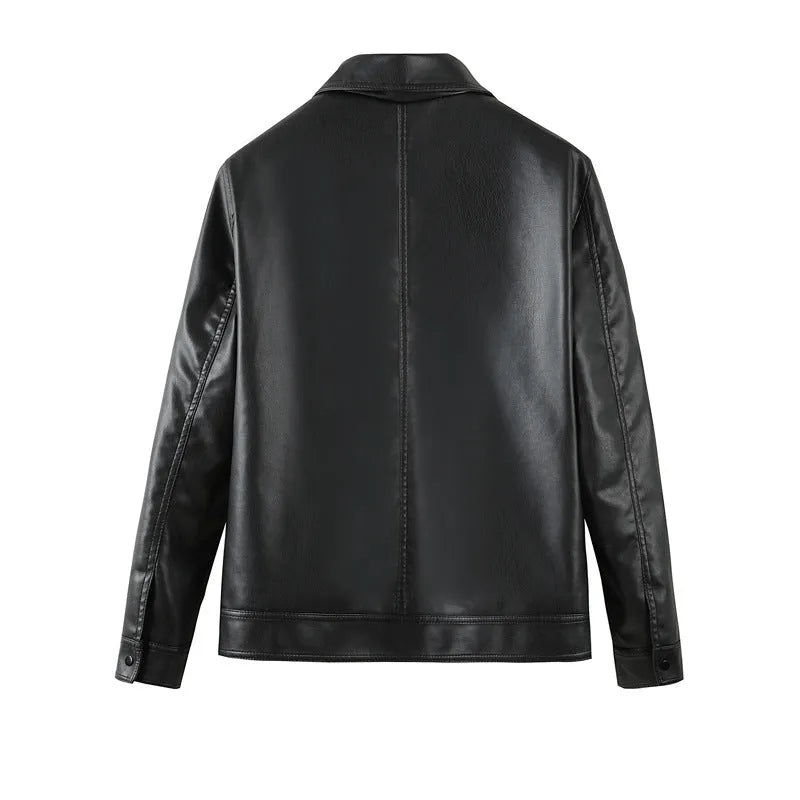 Men's casual jacket, PU leather construction, loose fit windproof design in black colour, available in sizes M to XXXXL with standard 50cm length, suitable for youth leisure wear