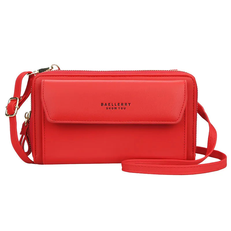 Red soft PU leather long wallet with double zipper, shown as a messenger bag.
