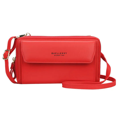 Red soft PU leather long wallet with double zipper, shown as a messenger bag.