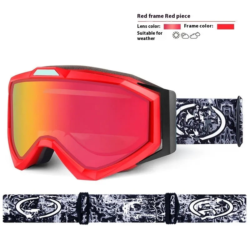 Motorcycle goggles with double-layer anti-fog lens and coloured TPU frame on a storage cloth bag.