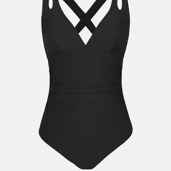 One-piece swimsuit with triangle bikini top and cross shoulder straps in solid colour