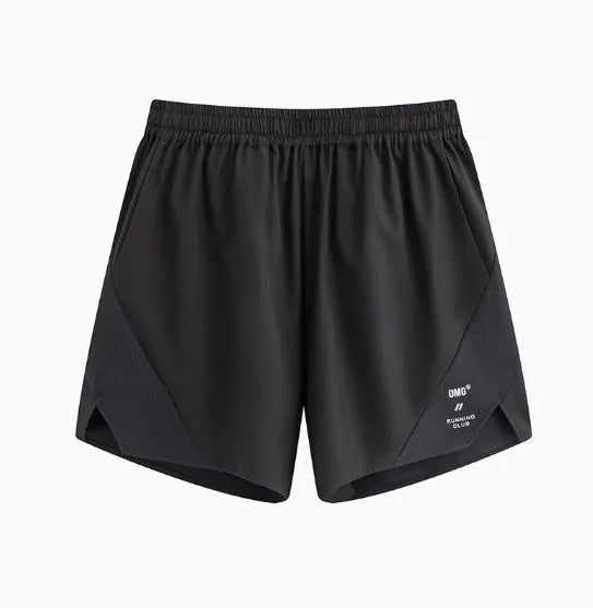 Men's black and blue stretch running shorts with laser punch stitching detail on the legs.