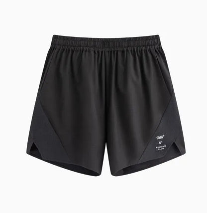 Men's black and blue stretch running shorts with laser punch stitching detail on the legs.