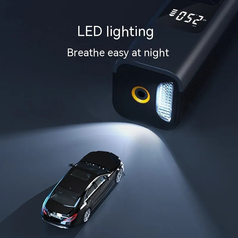 Wireless digital display car inflator and vacuum cleaner with emergency light, shown with accessories.