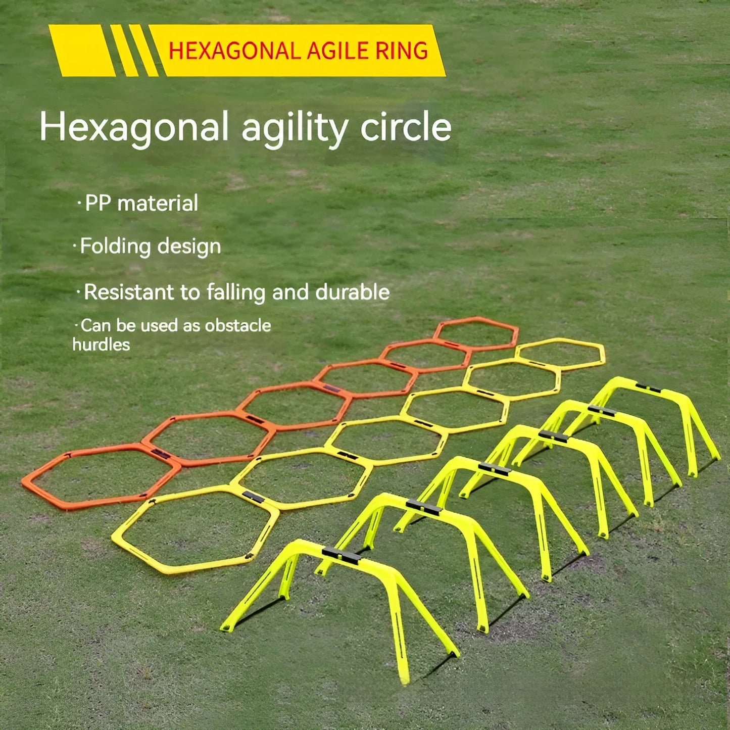 Set of six foldable hexagon football training rings in yellow, green and orange colours