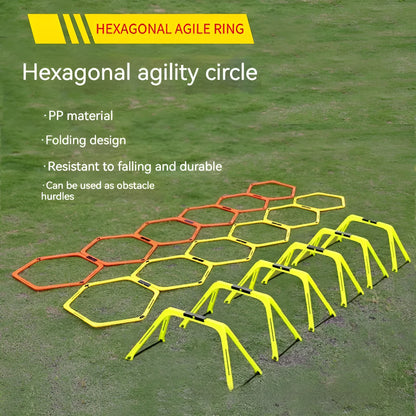 Set of six foldable hexagon football training rings in yellow, green and orange colours