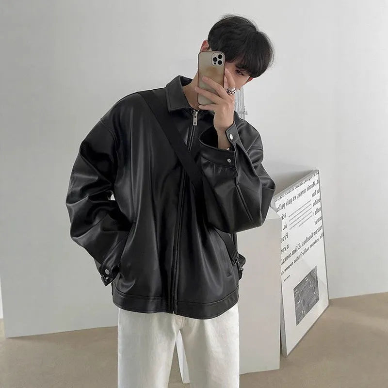 Men's black Korean leather casual baseball jacket, loose fit, side seam pockets, sizes M to 3XL