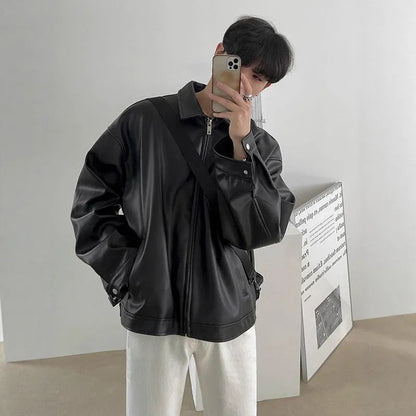 Men's black Korean leather casual baseball jacket, loose fit, side seam pockets, sizes M to 3XL