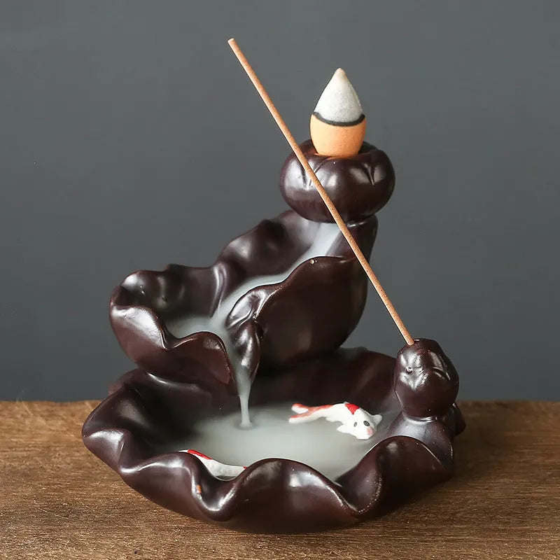 Ceramic incense burner ornaments for religious and air purification purposes, available in four distinct modern designs: Green Tree, Mangrove, Pink Tree, and White Tree, handcrafted ceramic backflow sandal incense holders