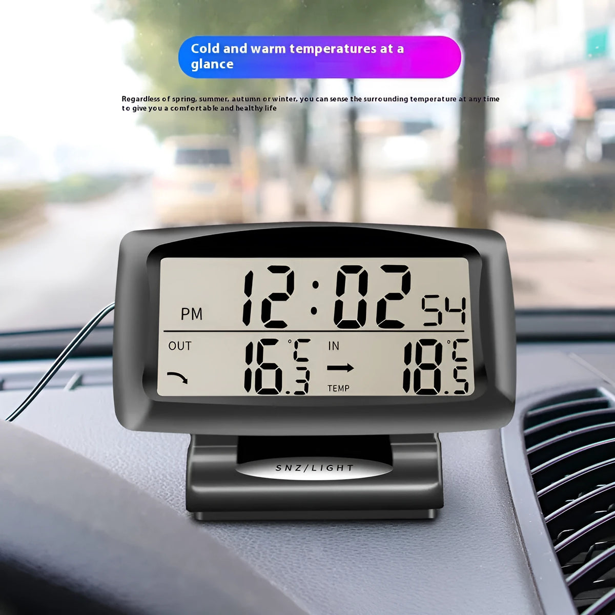 Black vehicle mounted electronic dual thermometer clock, model SH-350, 85x24mm, for inside and outside temperature