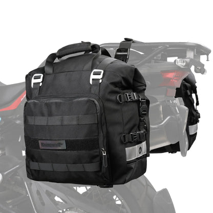 20 litre quick-release motorcycle side bag in army green or black polyester.