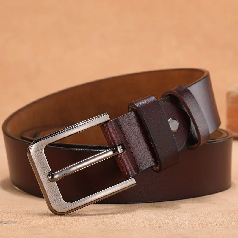 Casual jeans belt with a silver alloy square head needle buckle, shown in black.