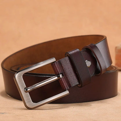 Casual jeans belt with a silver alloy square head needle buckle, shown in black.
