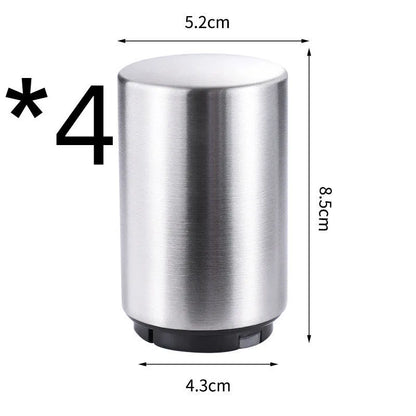 Stainless steel automatic bottle opener measuring 8.4 cm by 5.3 cm on a kitchen counter