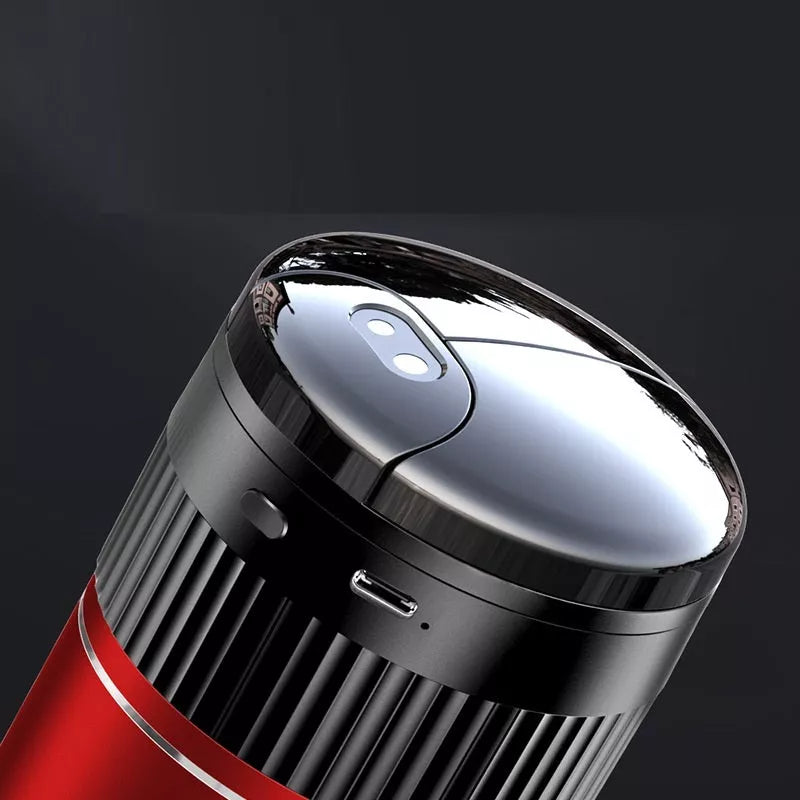 Smart car ashtray with lid and USB Type-C charging port in black, red, silver, brown, and green