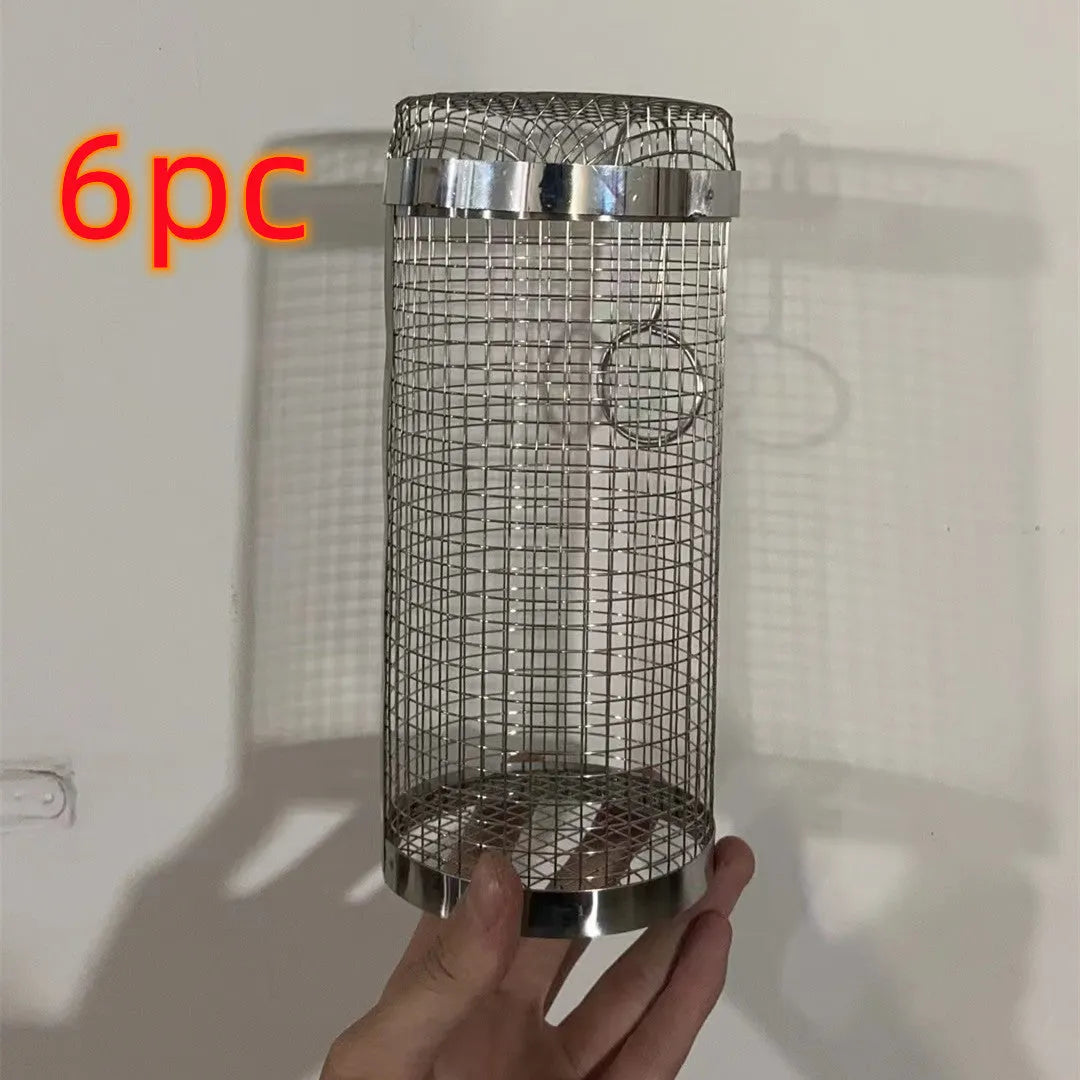 Silver iron wire rolling cylinder BBQ basket with mesh design and a hook for grilling.
